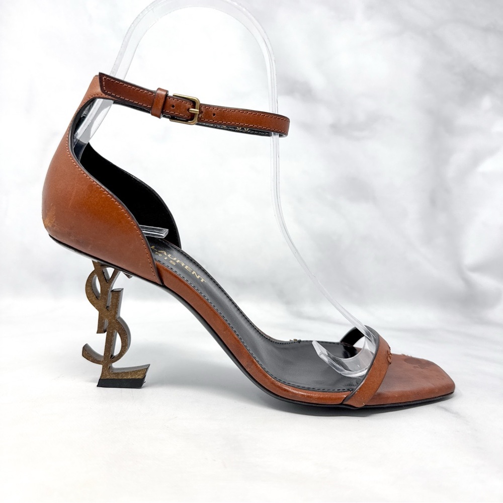 Saint Laurent Opyum 85 Leather YSL Cassandre Monogram Metal Heel Sandal Brown 36
